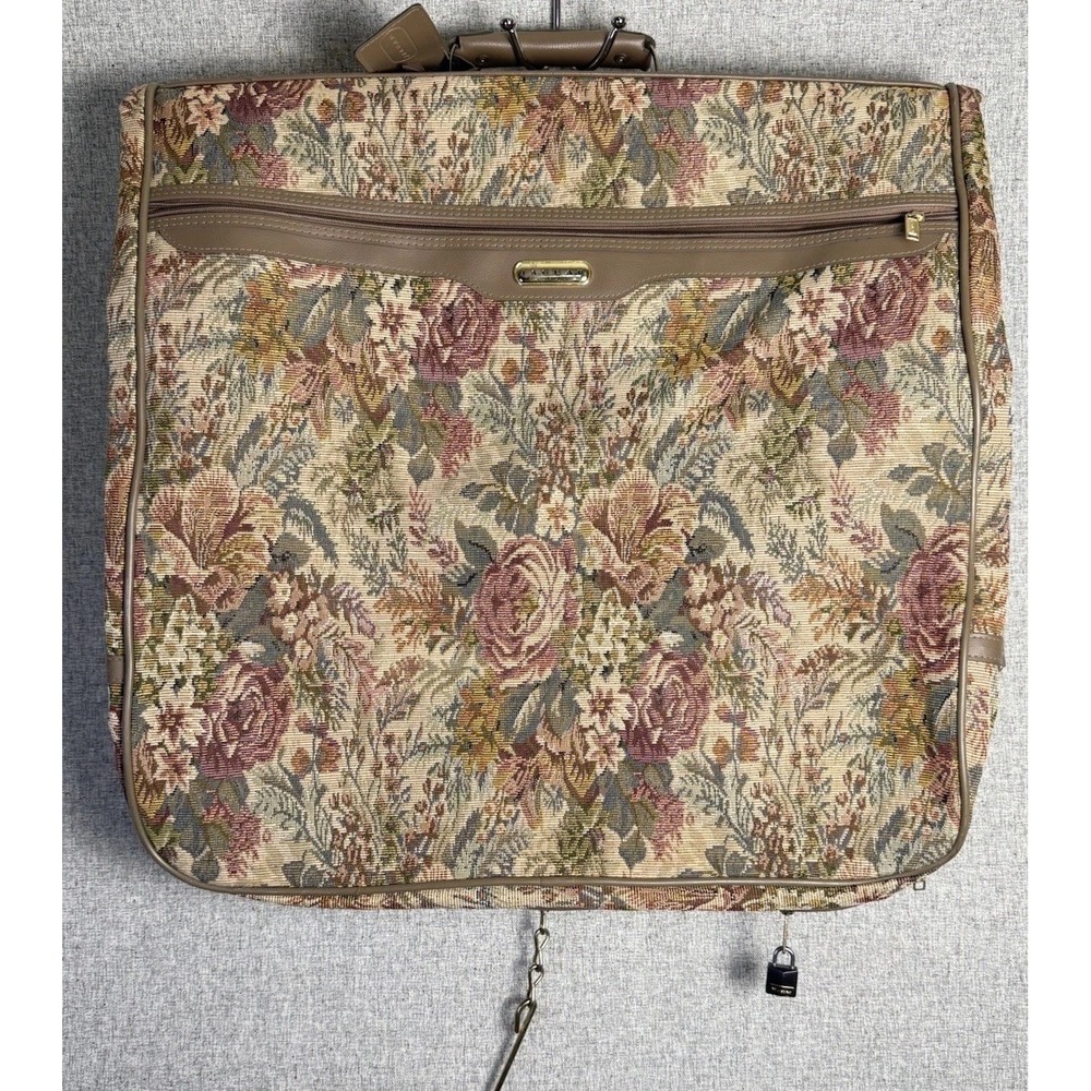 Vintage 80s Jaguar‎ Pink Green Floral Tapestry Luggage Suit Hanging Garment Bag